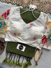 Mehndi Handloom Cotton Saree With Embrodery Work Redy Made Blouse